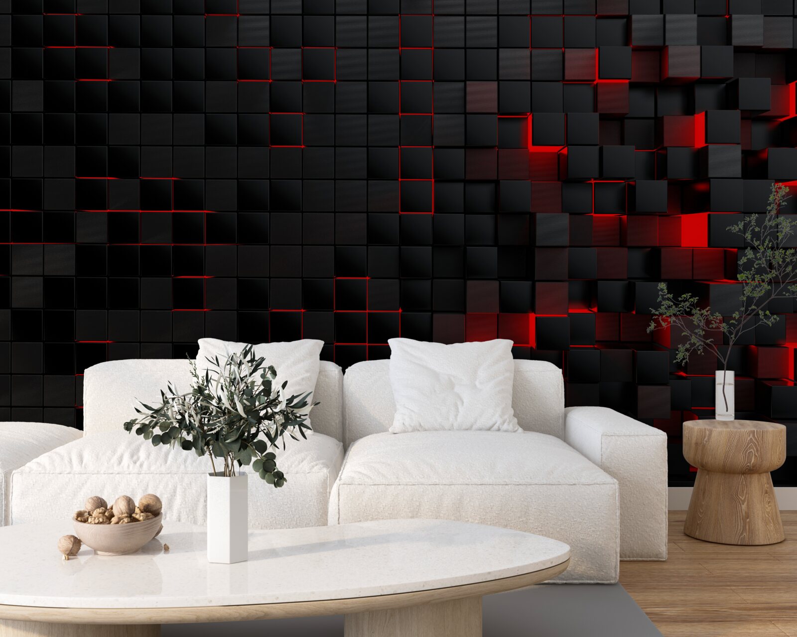 Fotobehang muur met zwarte structuur, verlicht met rood licht en versierd met vierkantjes