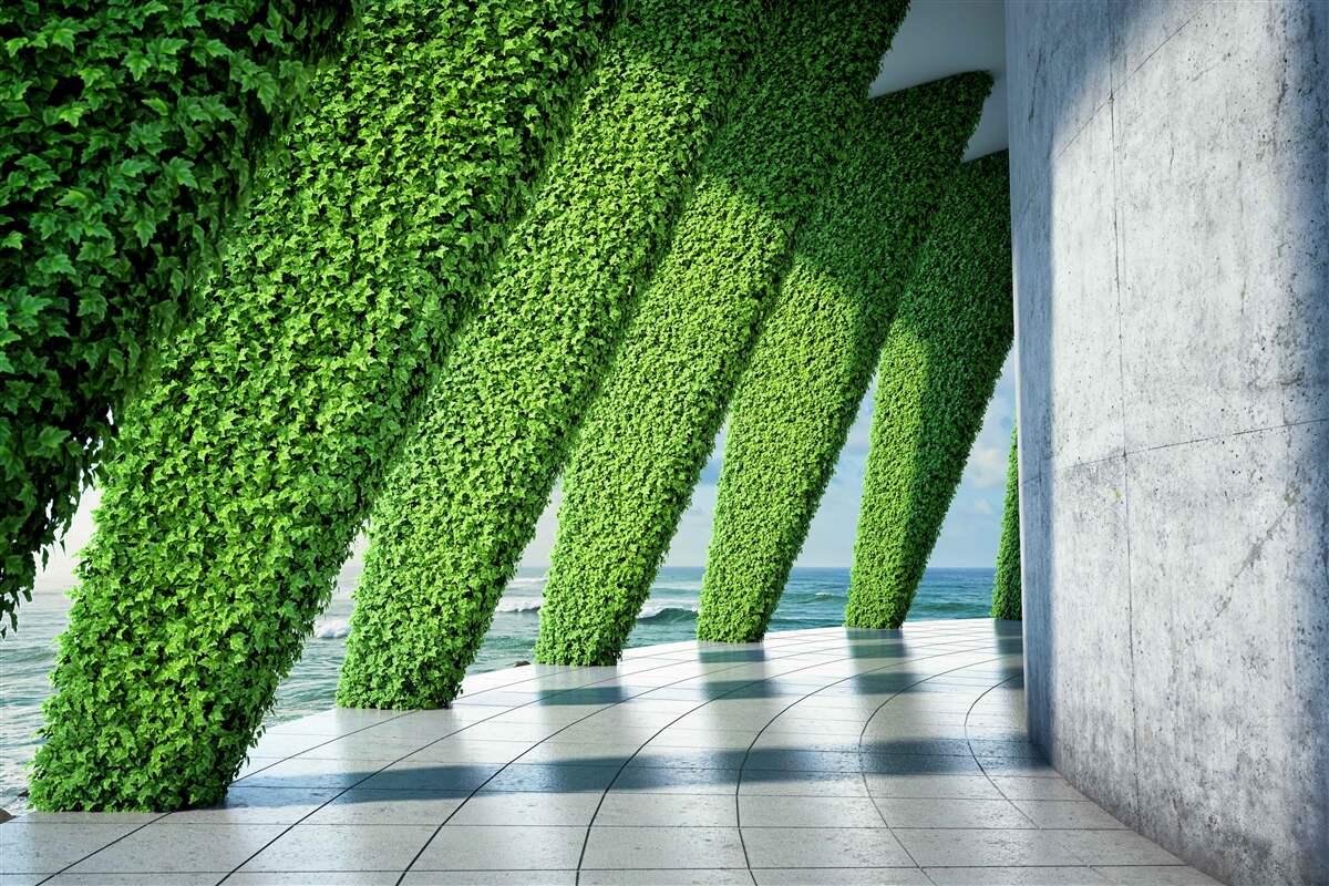 Fotobehang er staan groene planten op de pilaren in de gang