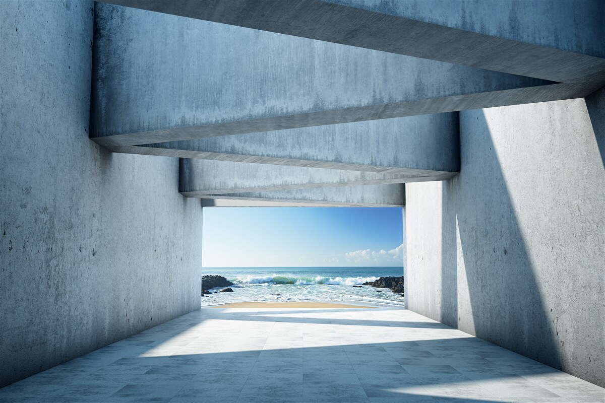 Fotobehang Vloertunnel gevormd uit betonnen kolommen