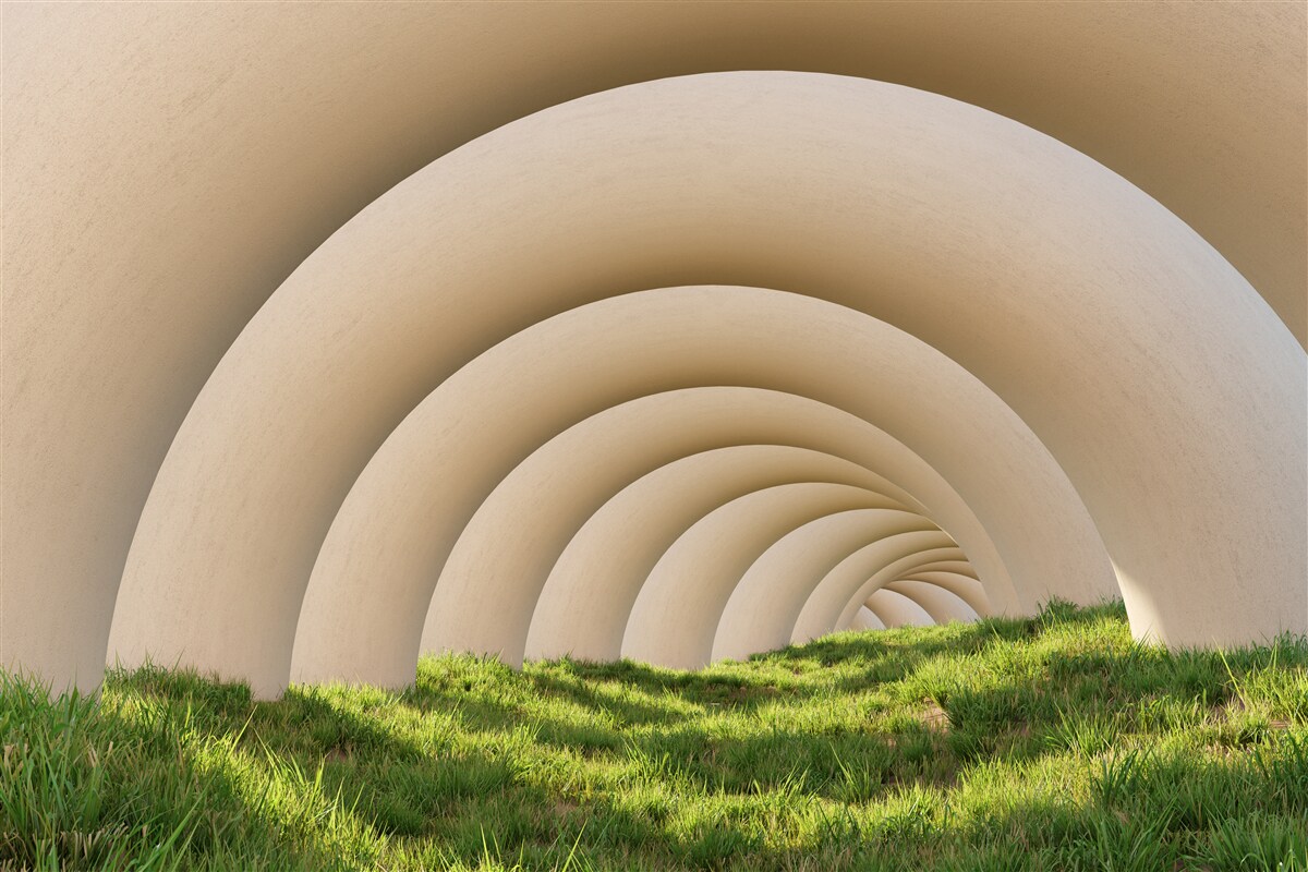 Fotobehang groen gras onder de gebogen lijnen van de wijde bogen