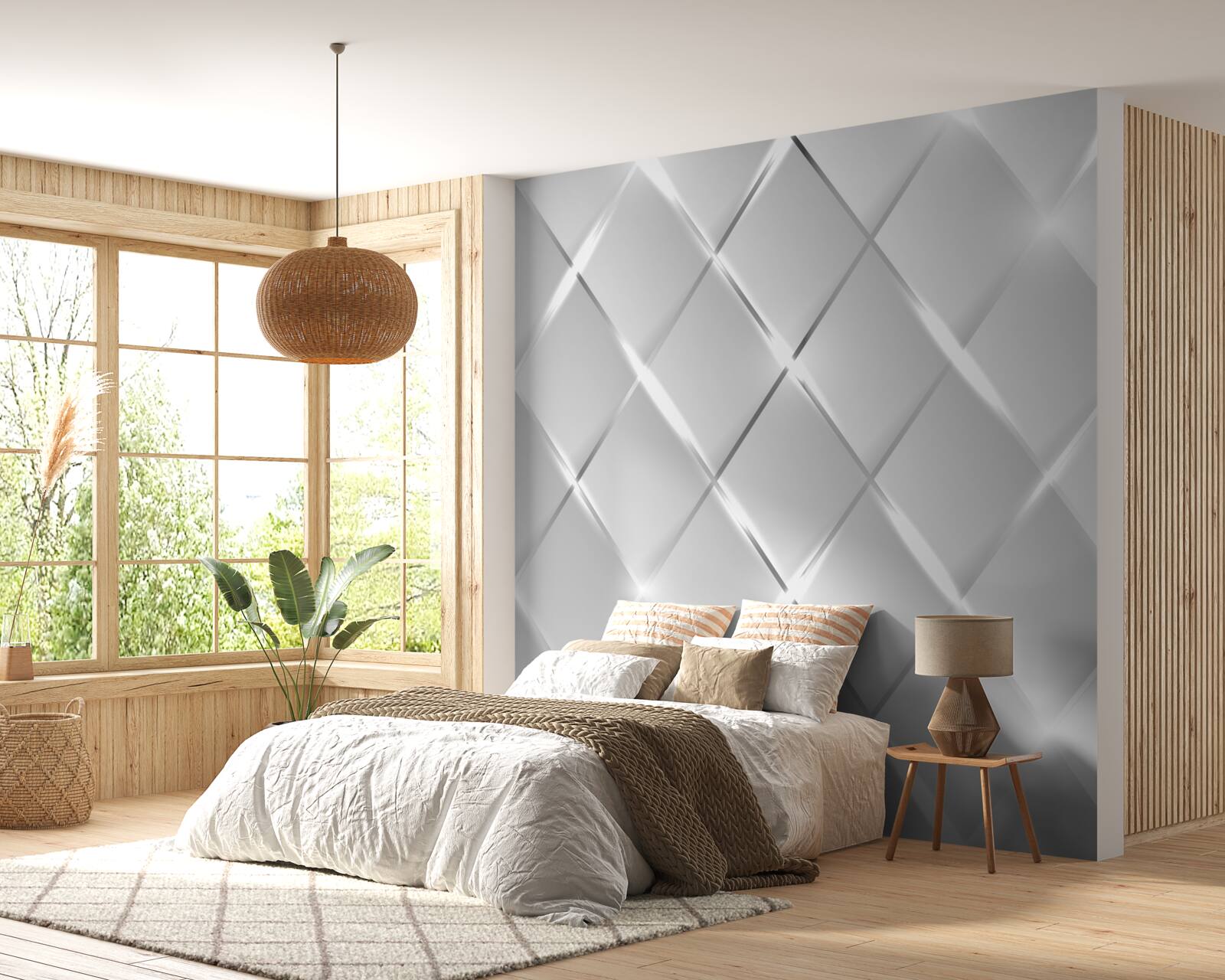 Fotobehang ruitvormig patroon met zilveren contouren