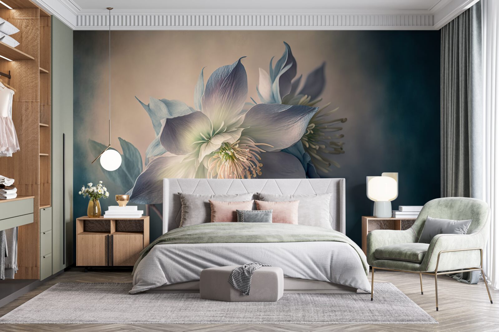 Fotobehang zachte knop in witte en blauwe tinten