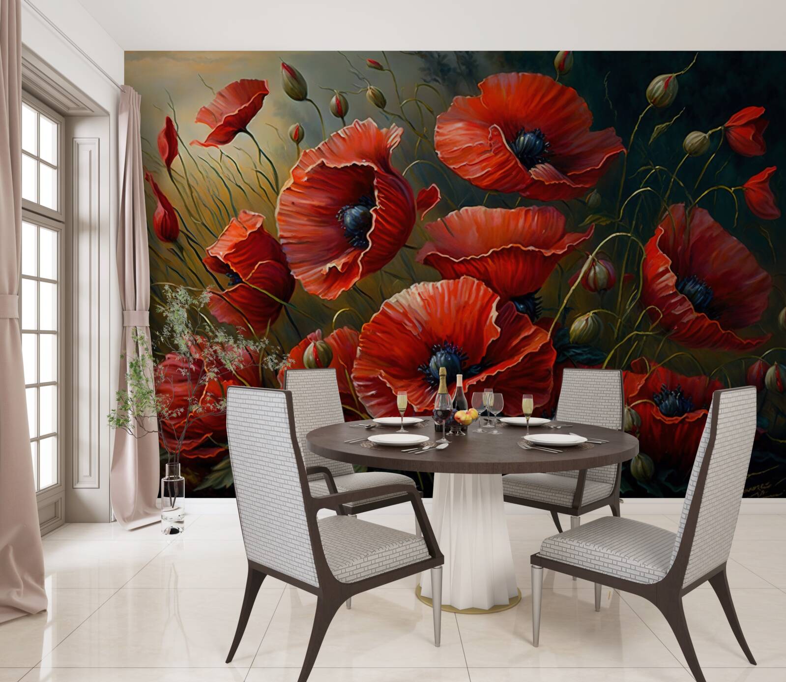 Fotobehang tijdens een storm een plantage van heldere klaprozen