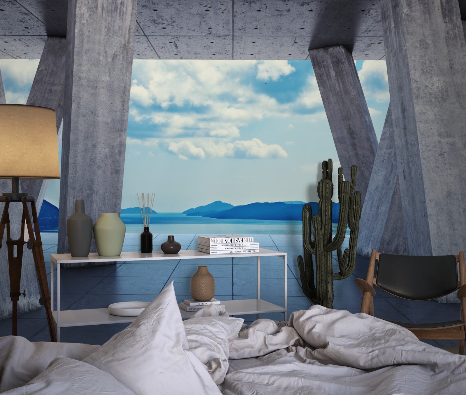 Fotobehang Bogen van beton die een panorama van bergen en lucht openen