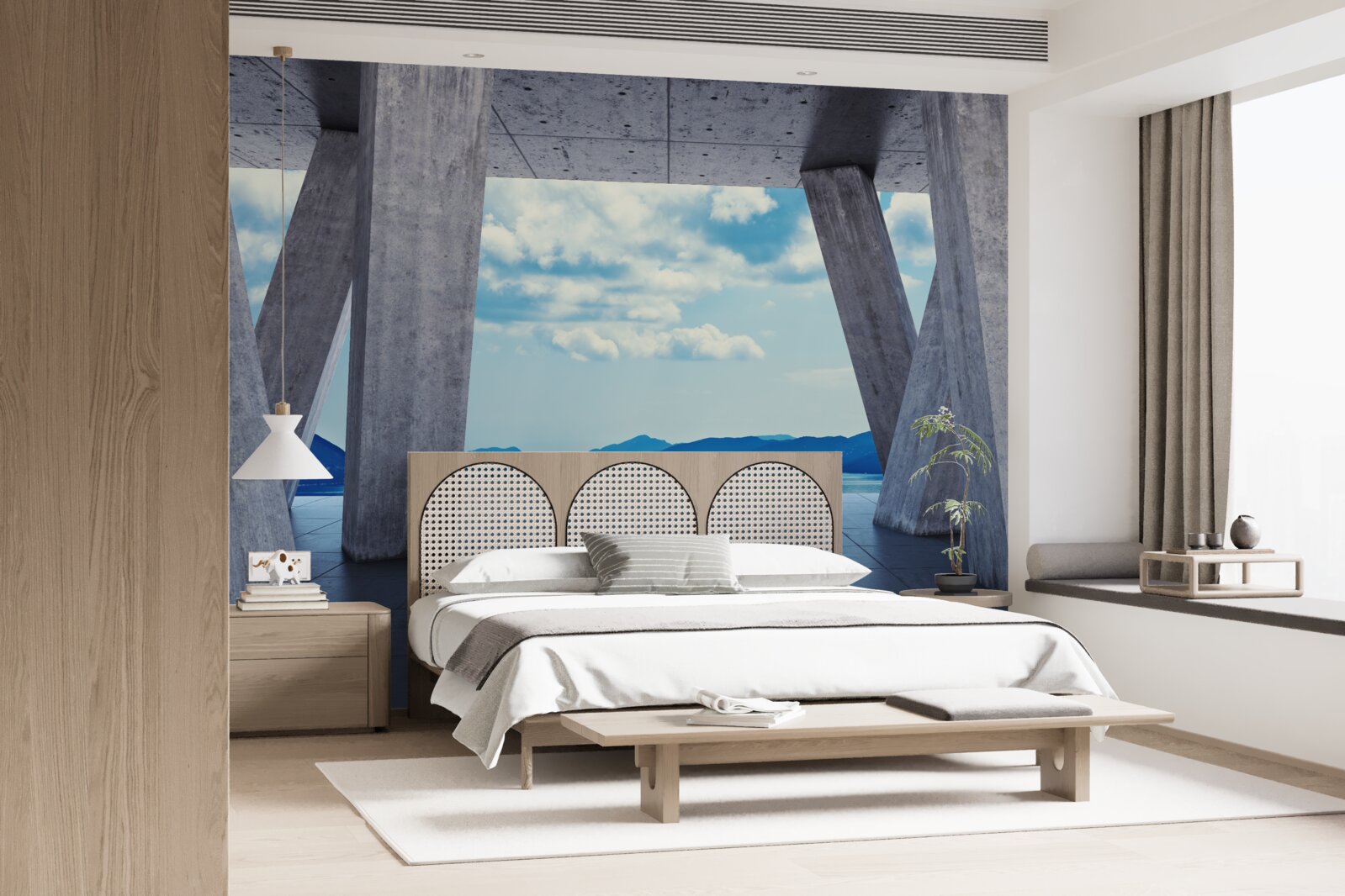 Fotobehang Bogen van beton die een panorama van bergen en lucht openen