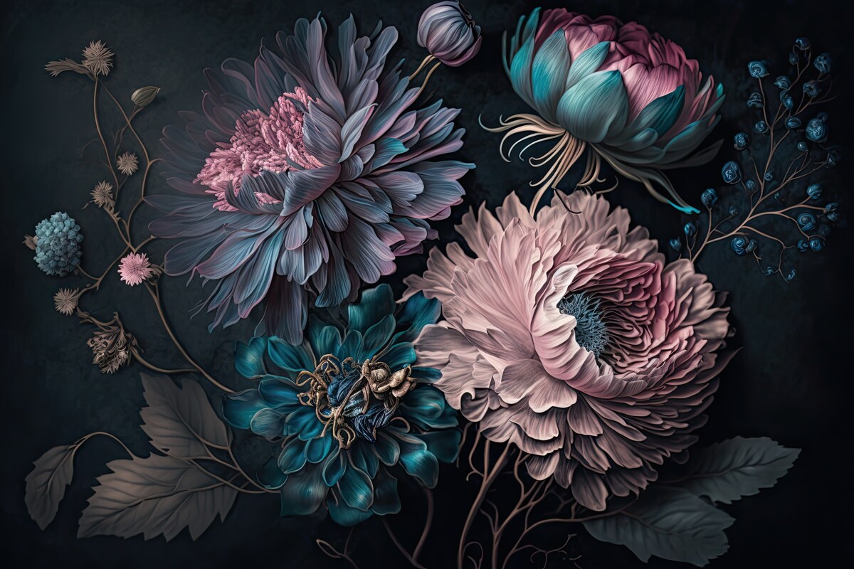 Fotobehang tropische bloemen bloeien op een donkere achtergrond