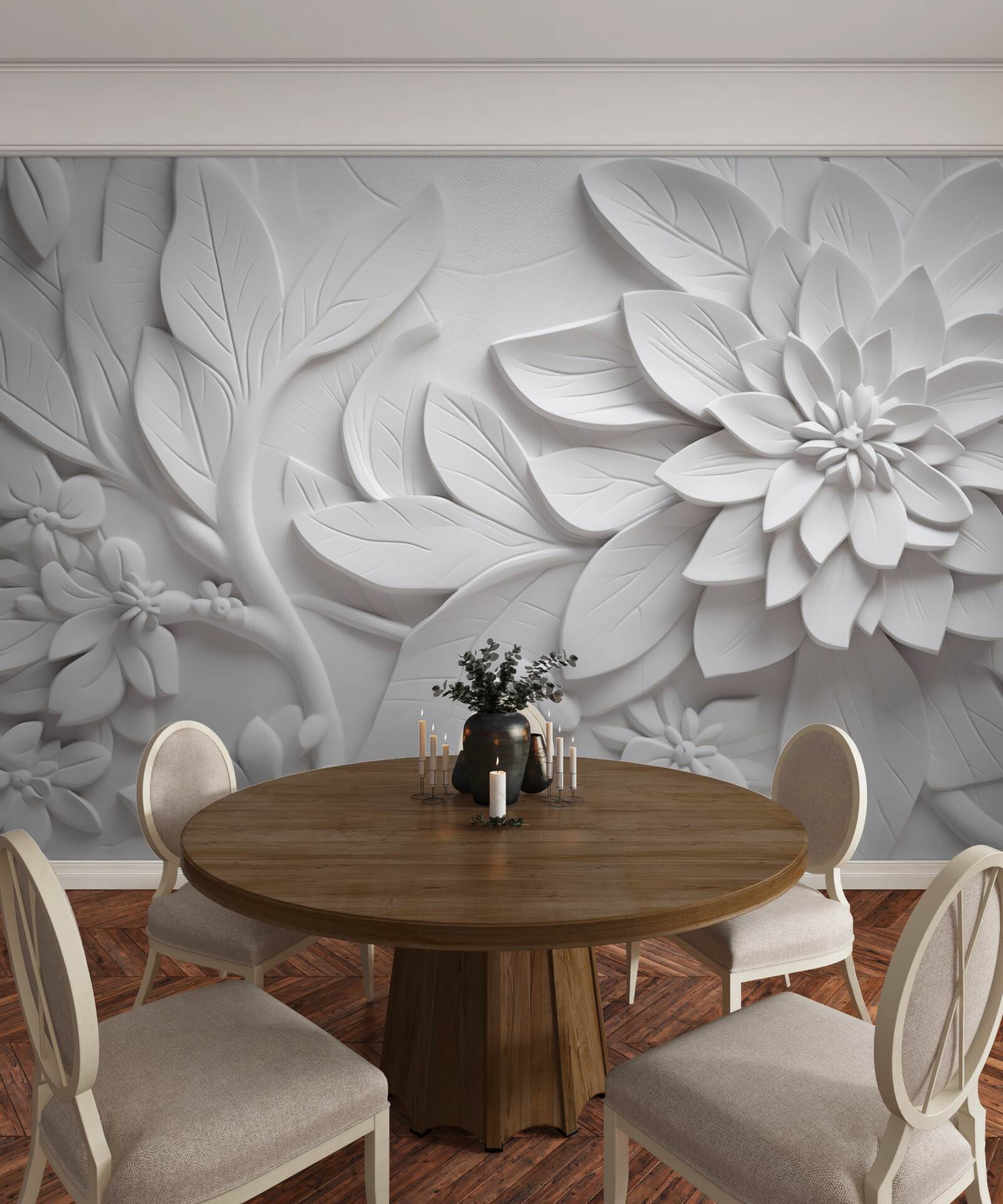 Fotobehang witte bloemen met structuur