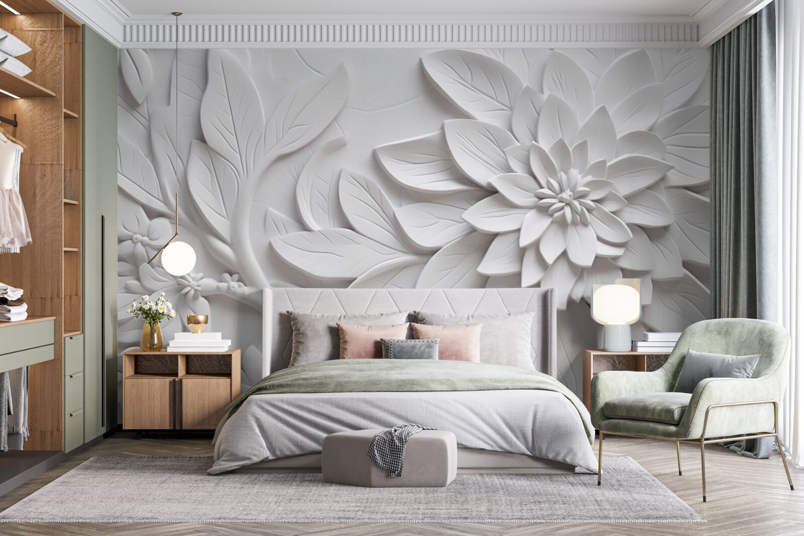 Fotobehang witte bloemen met structuur