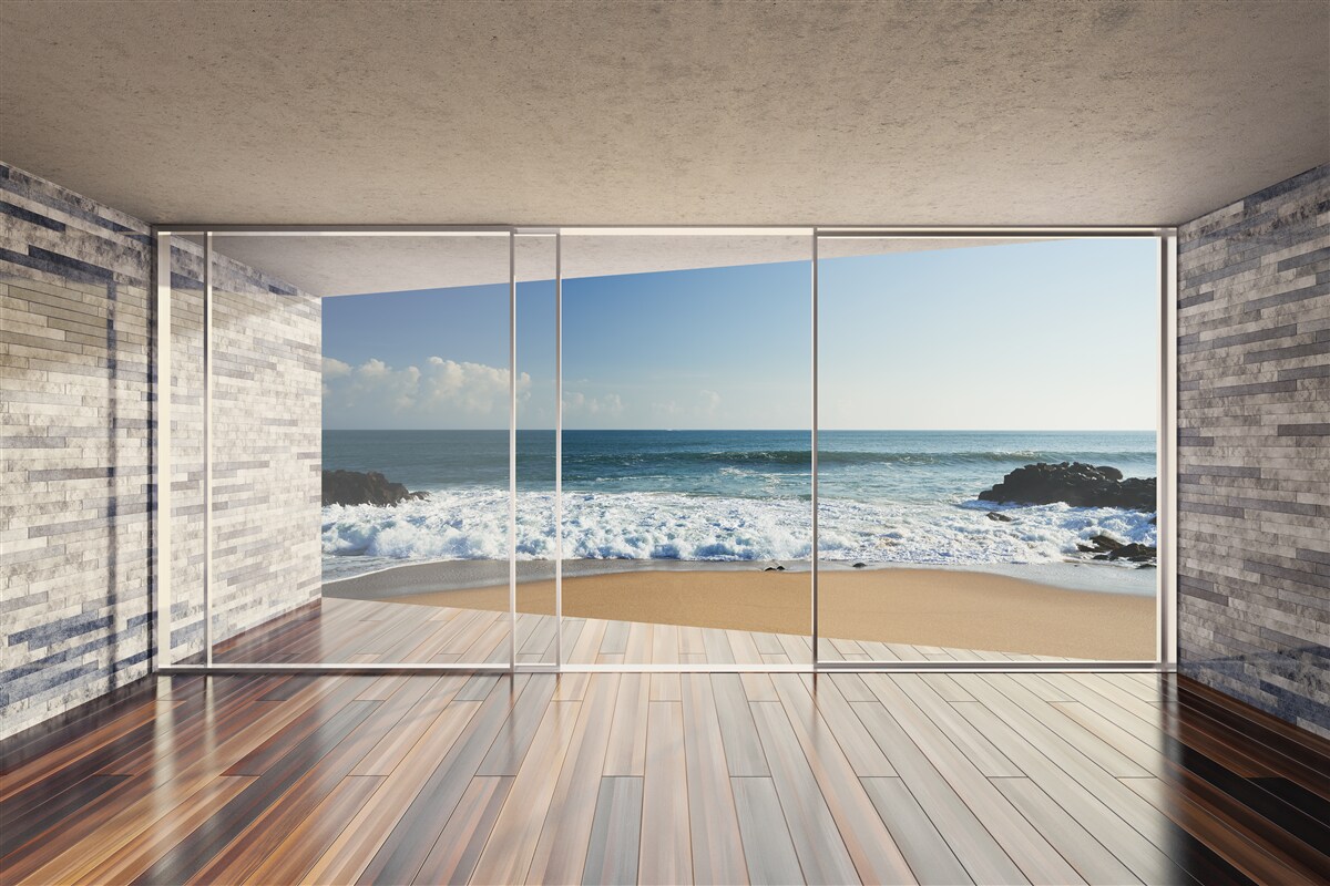 Fotobehang panoramische ramen bieden een prachtig uitzicht op zee