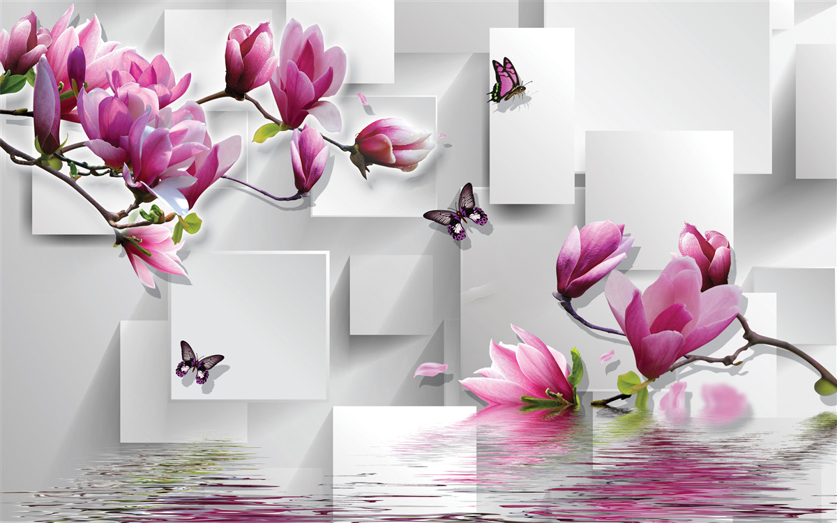 Fotobehang paarse magnolia's die over het water scheren