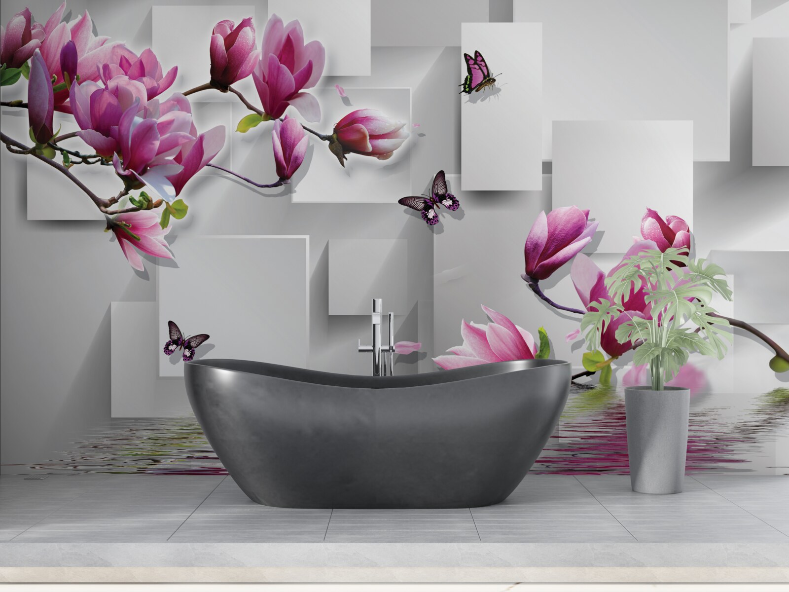 Fotobehang paarse magnolia's die over het water scheren