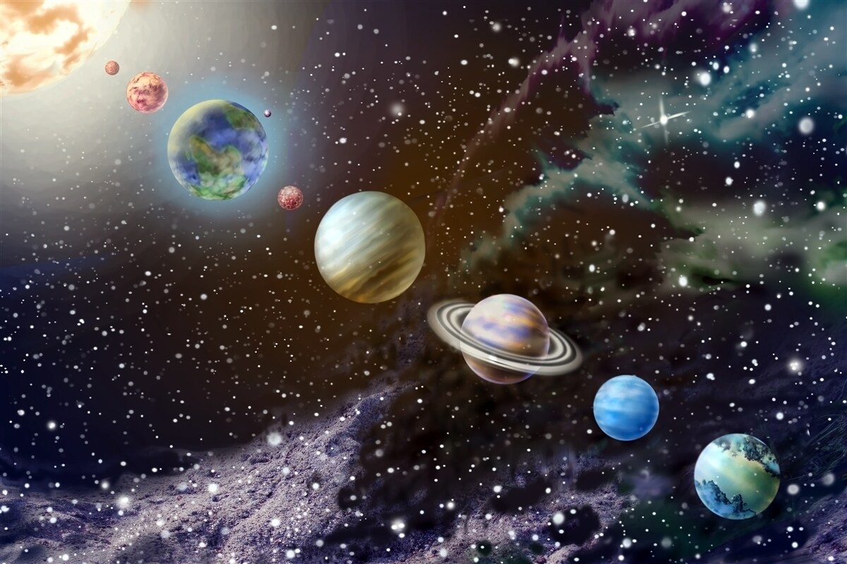 Fotobehang planeten in de ruimte staan op een rij
