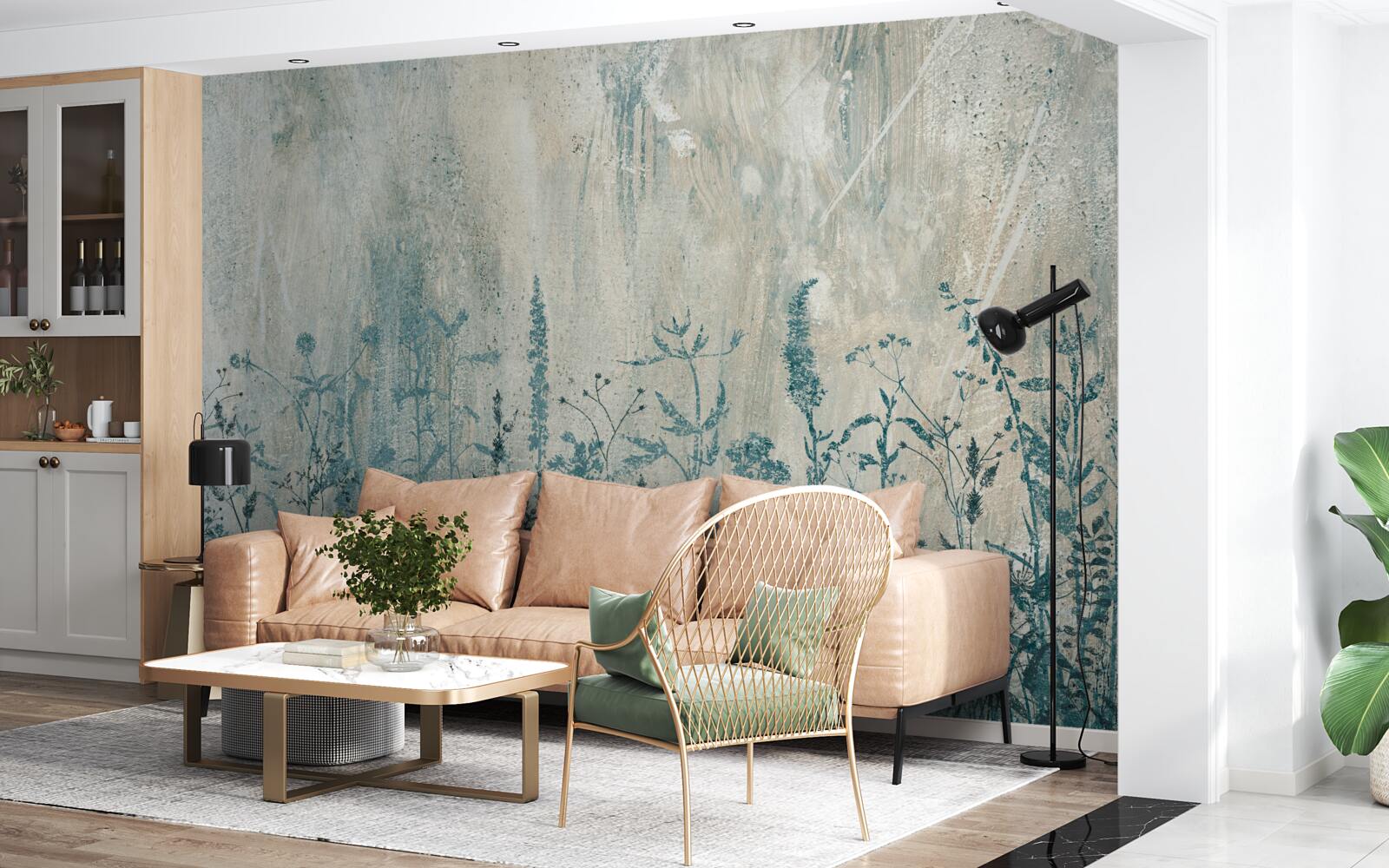 Fotobehang tijdens zware regenval bloeien veldplanten