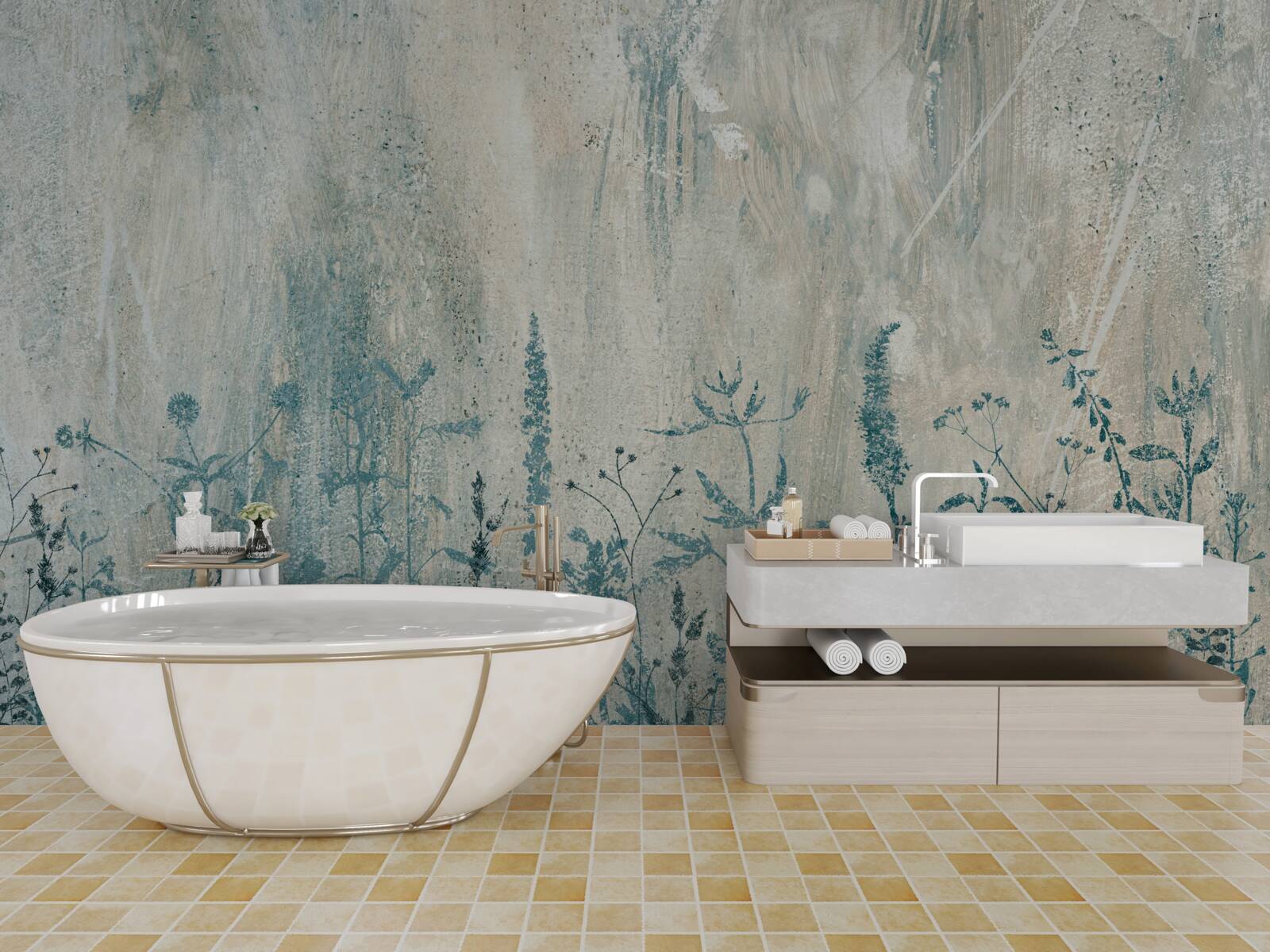 Fotobehang tijdens zware regenval bloeien veldplanten