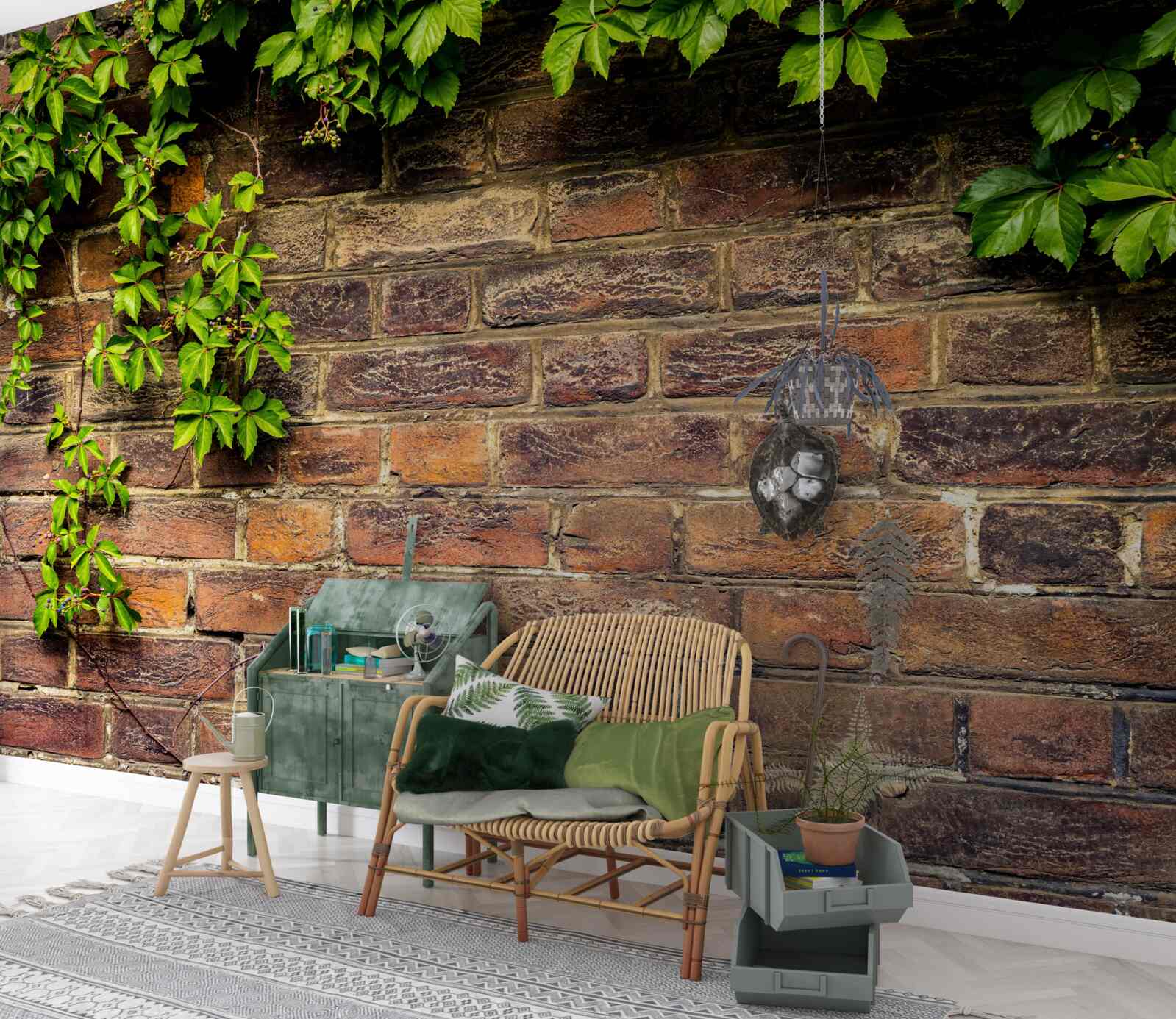 Fotobehang Bakstenen muur omwikkeld met groene planten