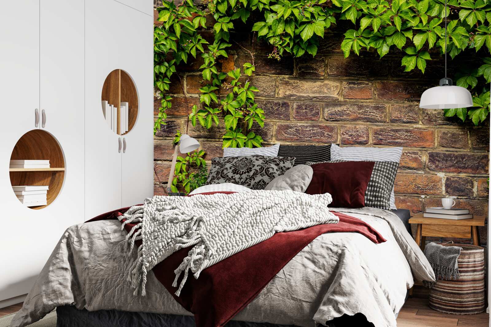 Fotobehang Bakstenen muur omwikkeld met groene planten