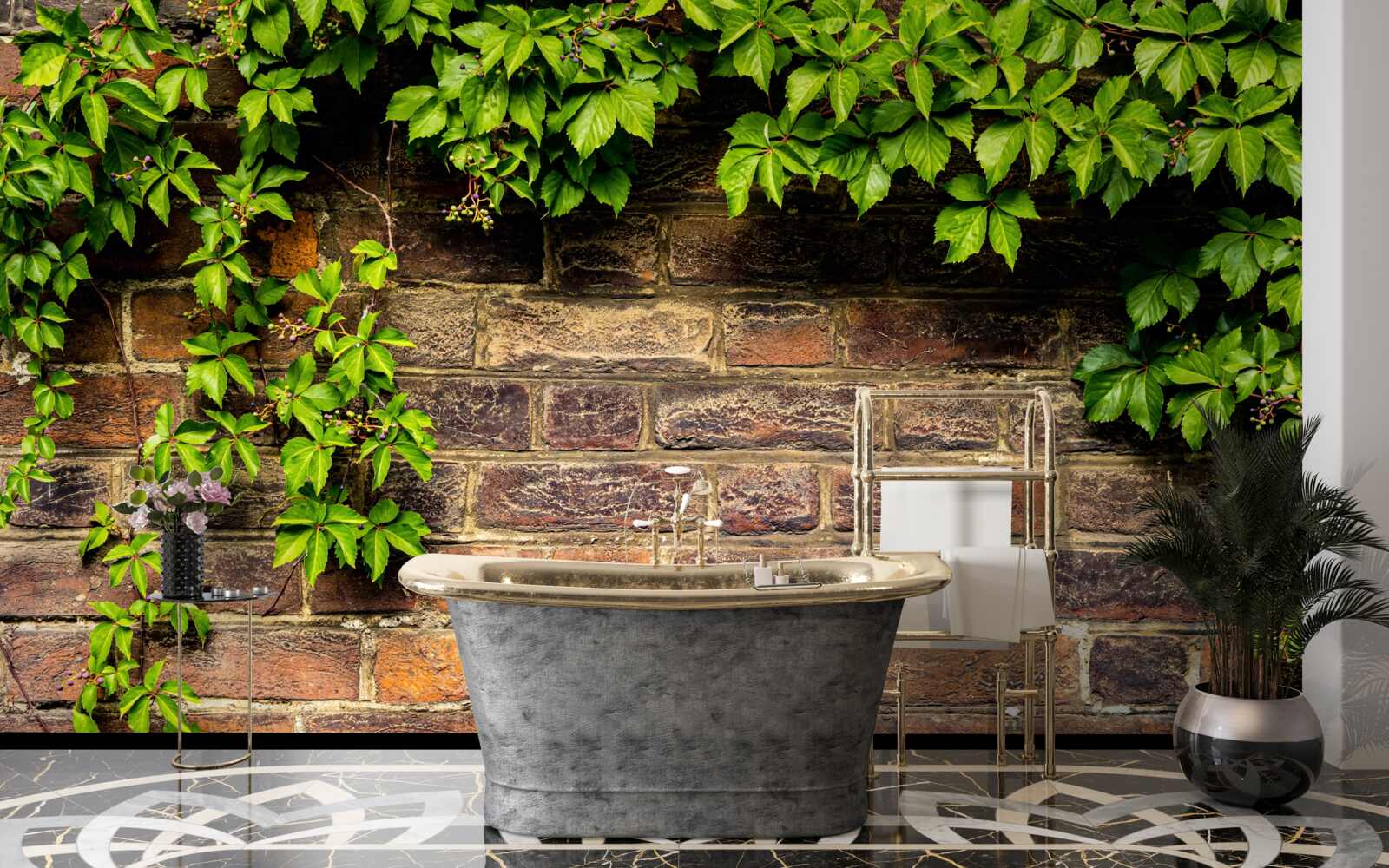 Fotobehang Bakstenen muur omwikkeld met groene planten