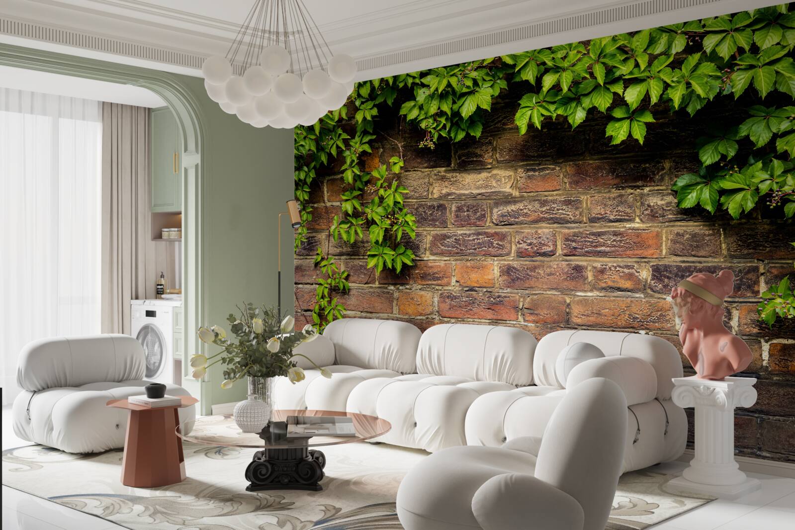 Fotobehang Bakstenen muur omwikkeld met groene planten