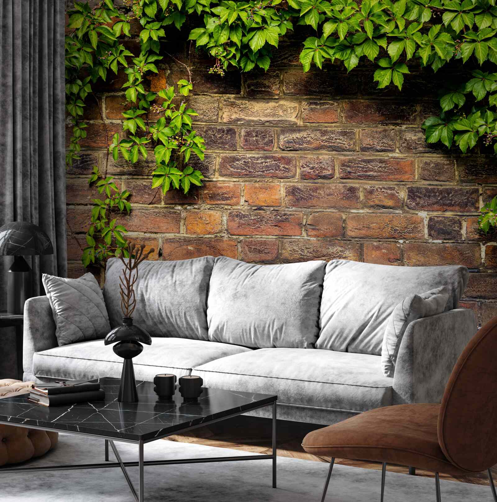 Fotobehang Bakstenen muur omwikkeld met groene planten