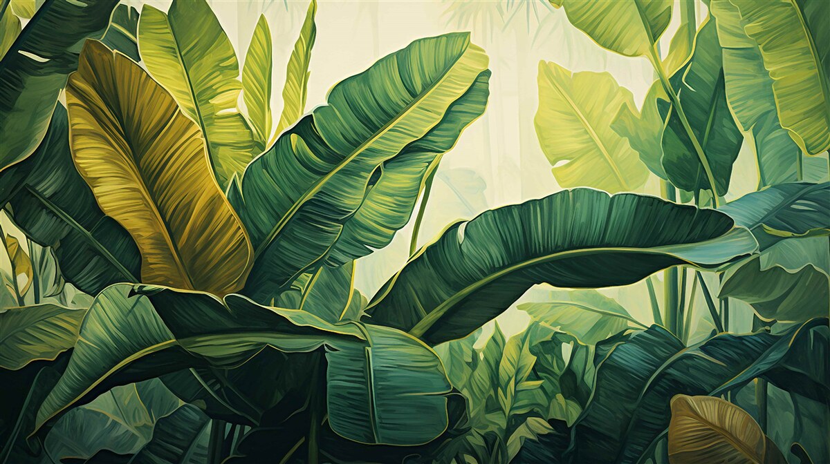 Fotobehang grote junglebladeren doordrenkt met een rijke groene kleur