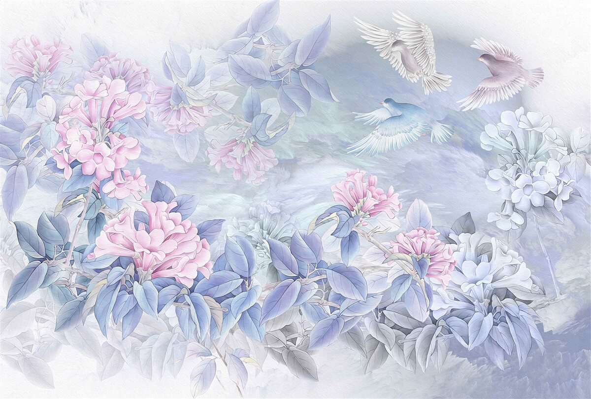 Fotobehang de takken zijn blauw, overdekt met roze bloemen
