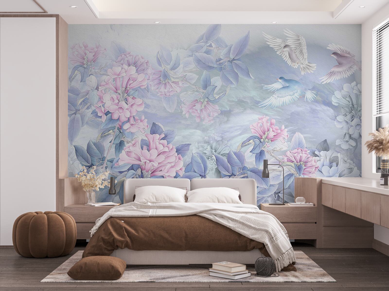 Fotobehang de takken zijn blauw, overdekt met roze bloemen