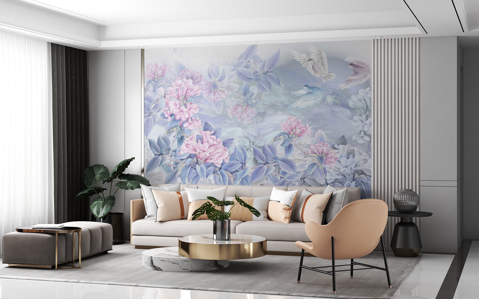 Fotobehang de takken zijn blauw, overdekt met roze bloemen