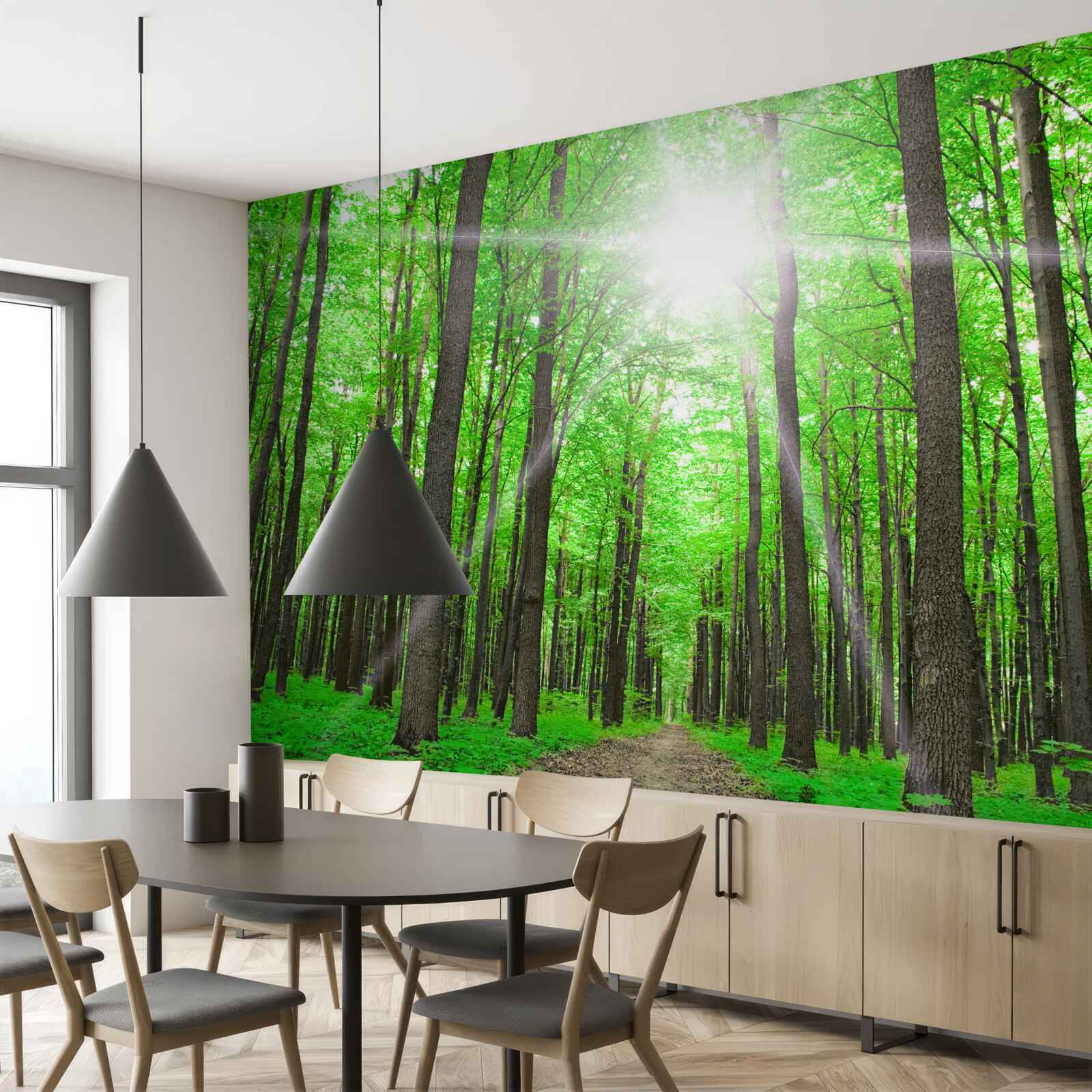 Fotobehang helder dakraam in het dichte groen van de bomen