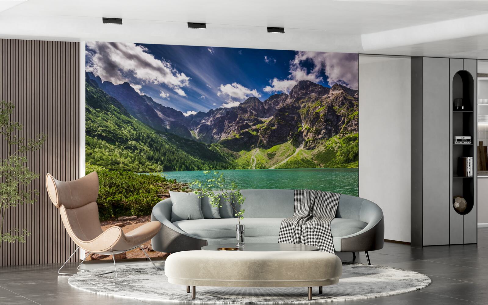 Fotobehang een zomerse dag bij een meer omringd door groene bergen
