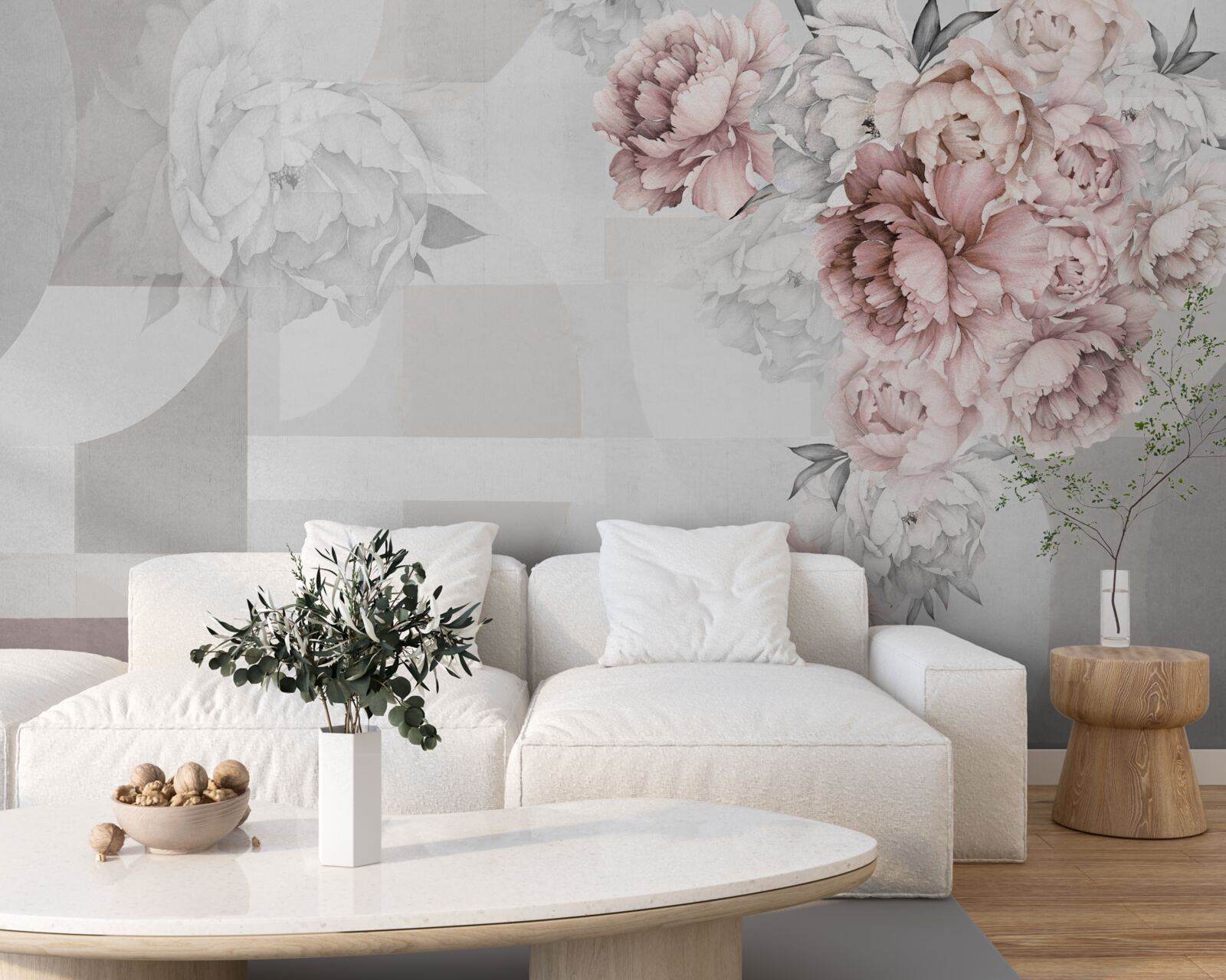 Fotobehang grote bloemen op een grijze achtergrond