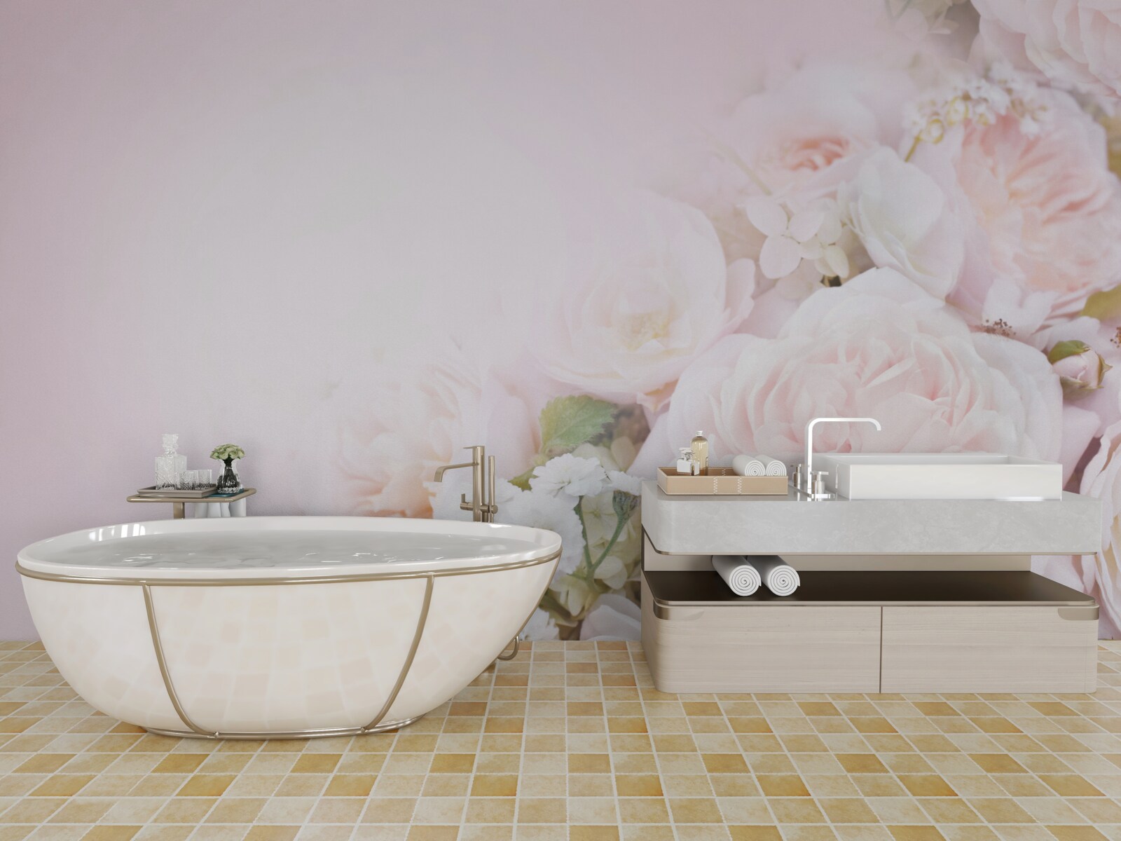Fotobehang de heldere achtergrond is versierd met delicate bloemen