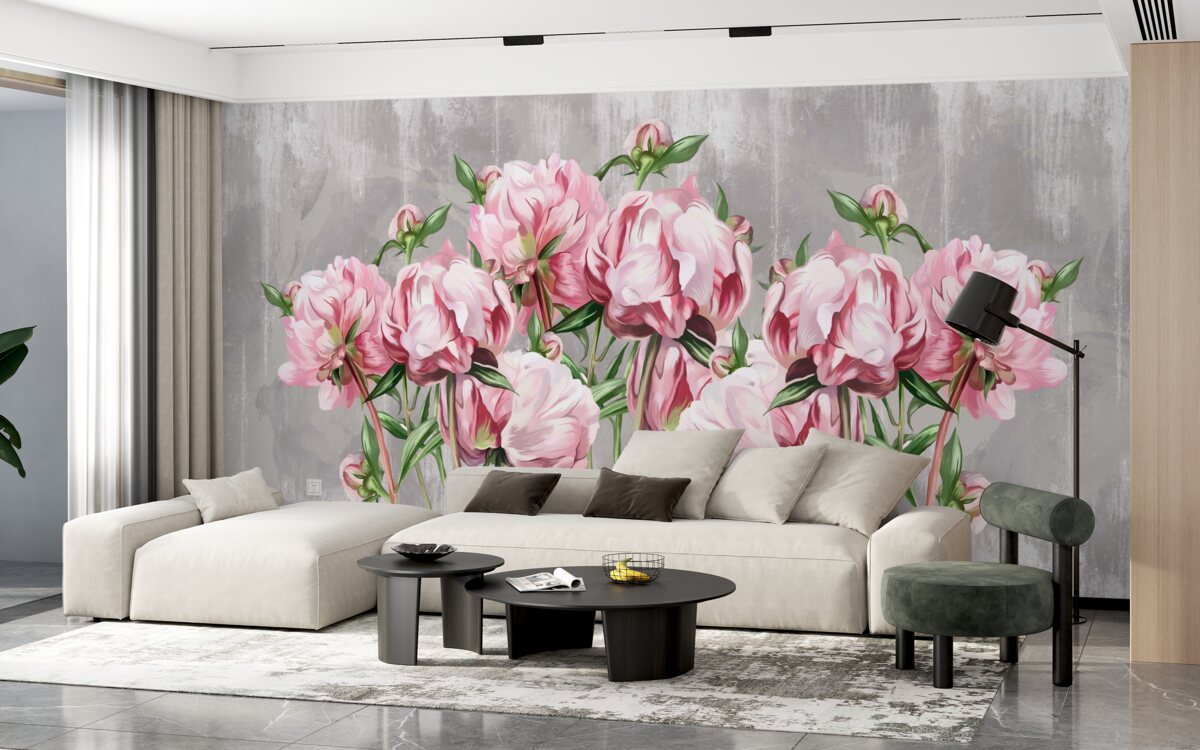 Fotobehang regenachtige tijd en roze pioenrozen