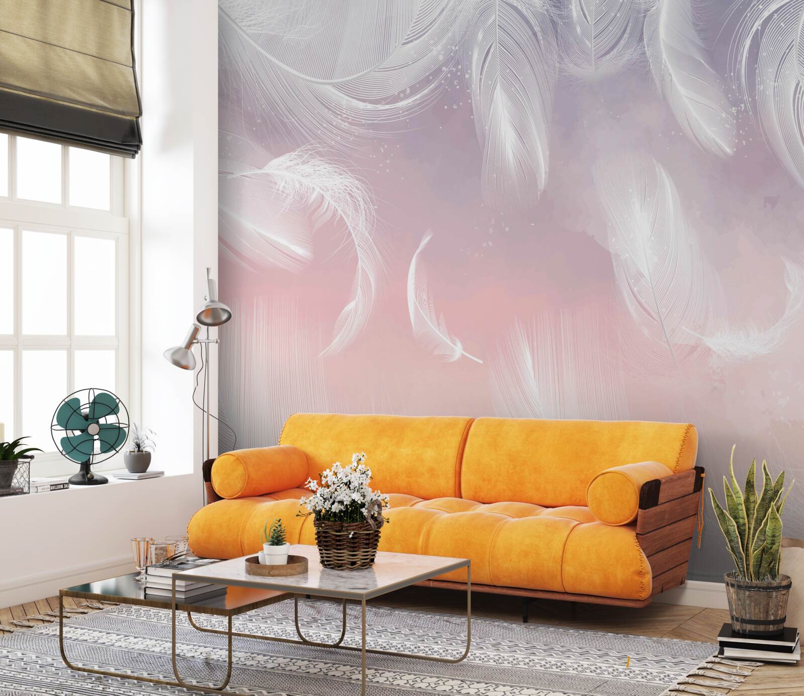 Fotobehang witte veren drijvend in de avondzon