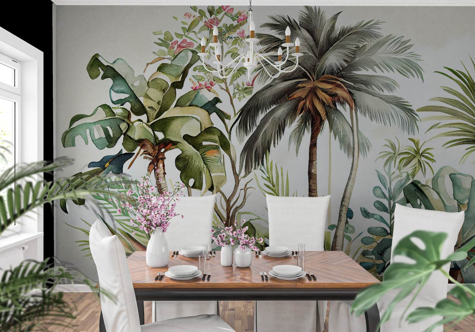 Fotobehang tropische planten, waaronder palmbomen
