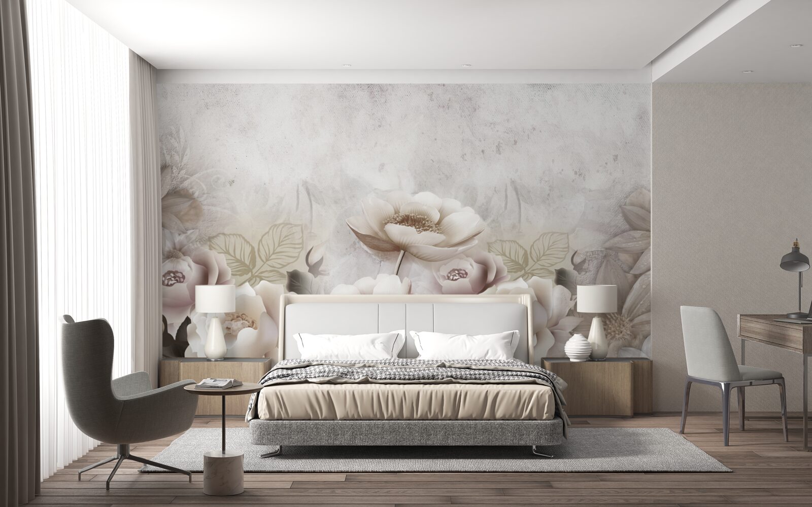 Fotobehang een mistige weide bezaaid met witte bloemen