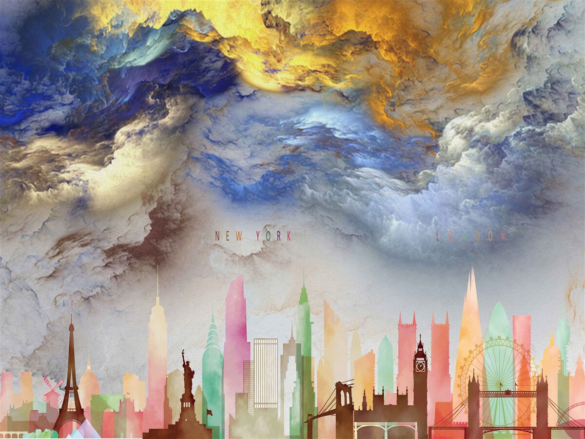 Fotobehang onduidelijke wolken boven stadsgebouwen