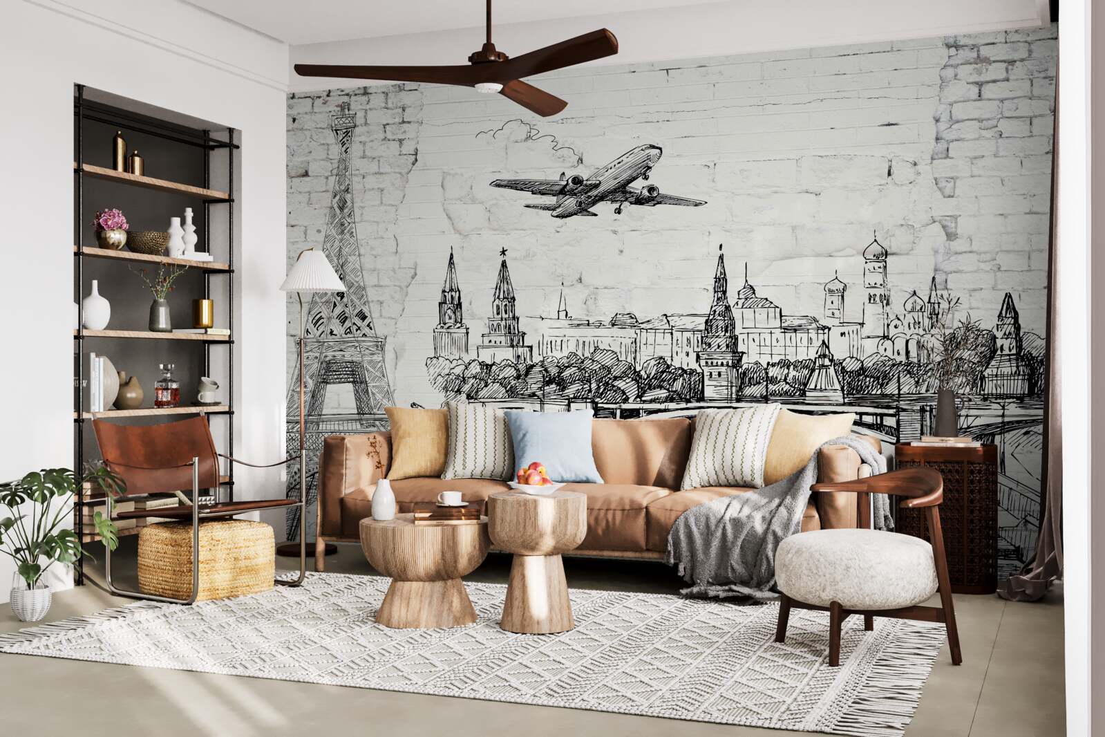 Fotobehang een stad in zwart en wit, gebouwd van witte bakstenen