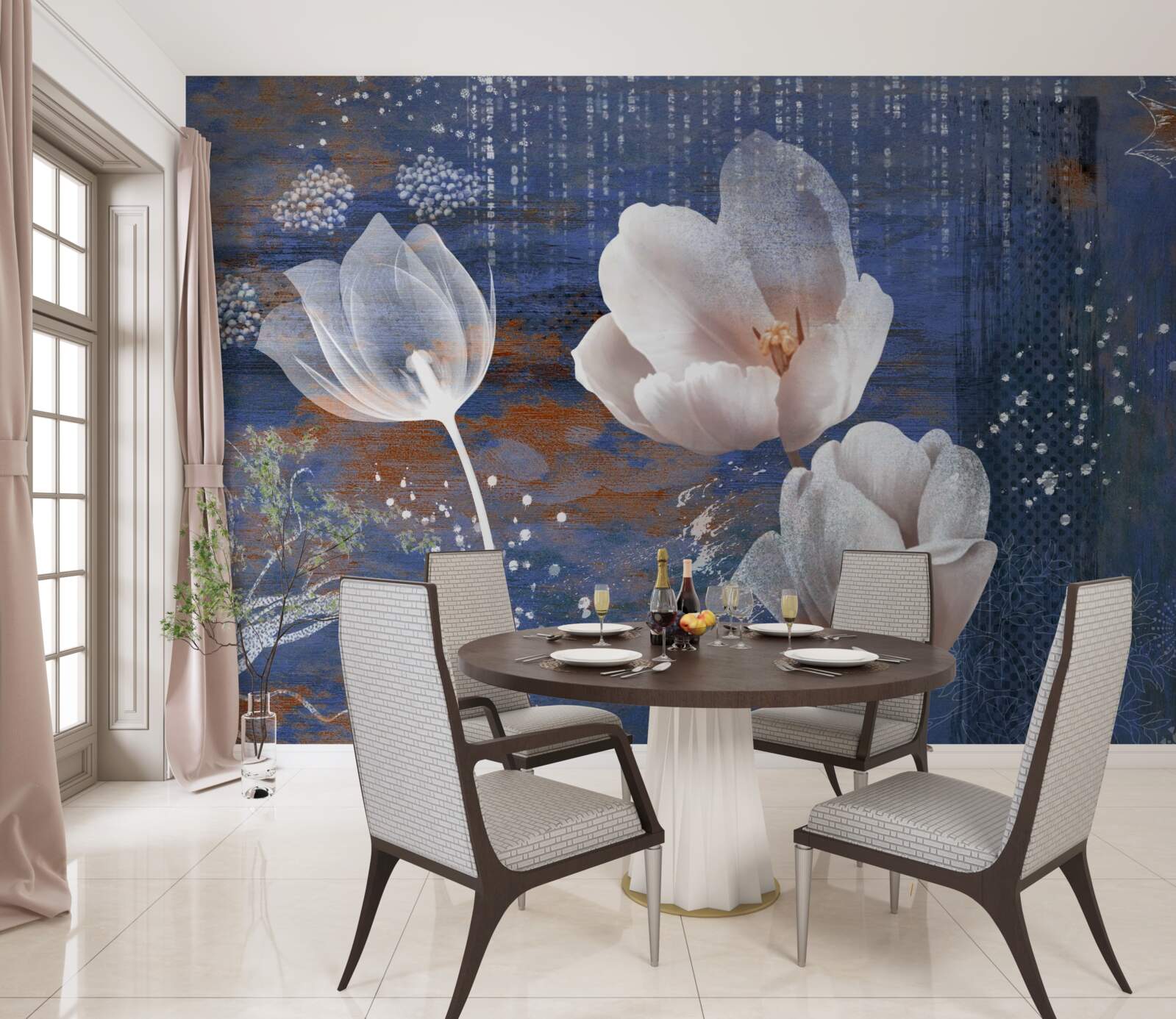 Fotobehang opengewerkte tulpen met witte knoppen