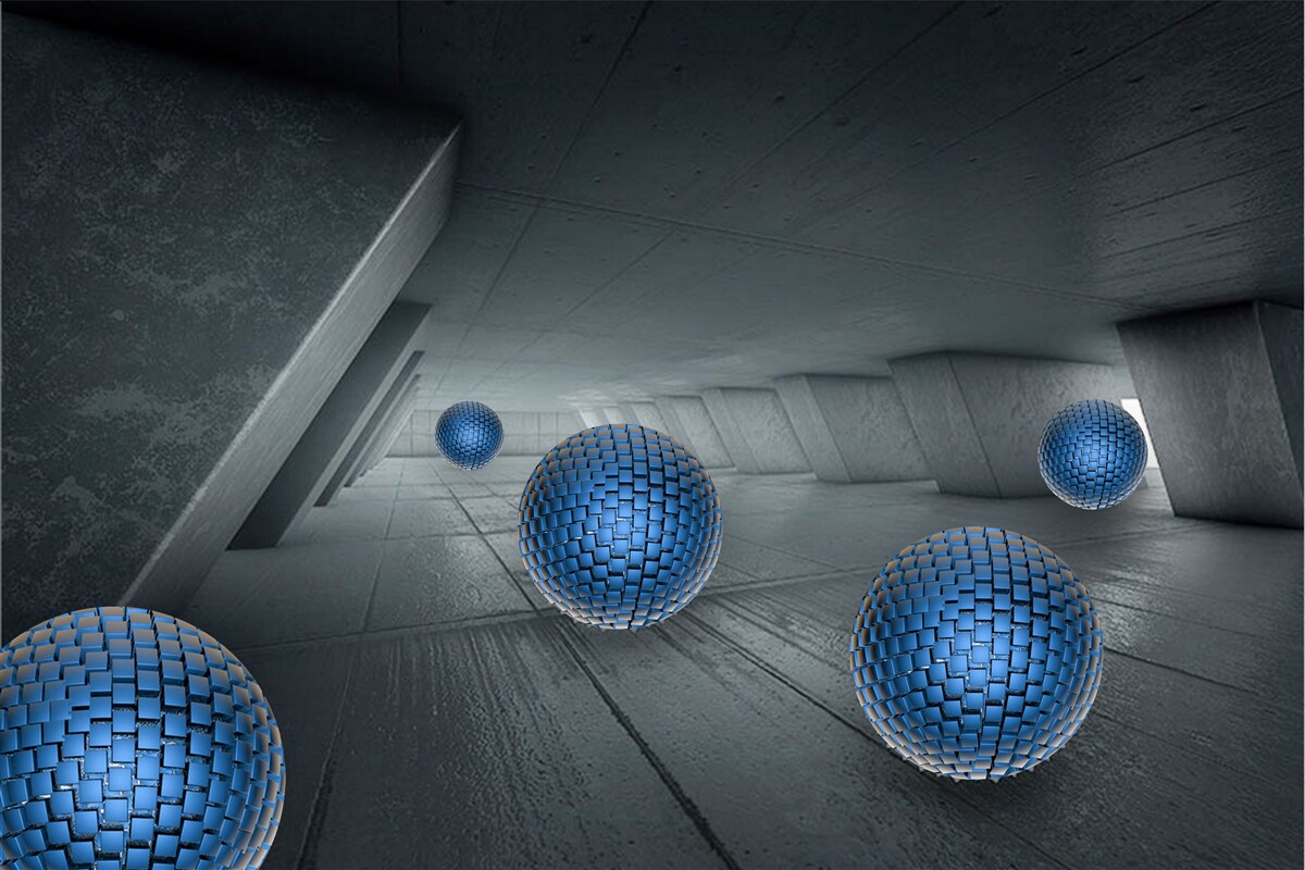 Fotobehang eindeloze grijze doorgang en blauwe ballen