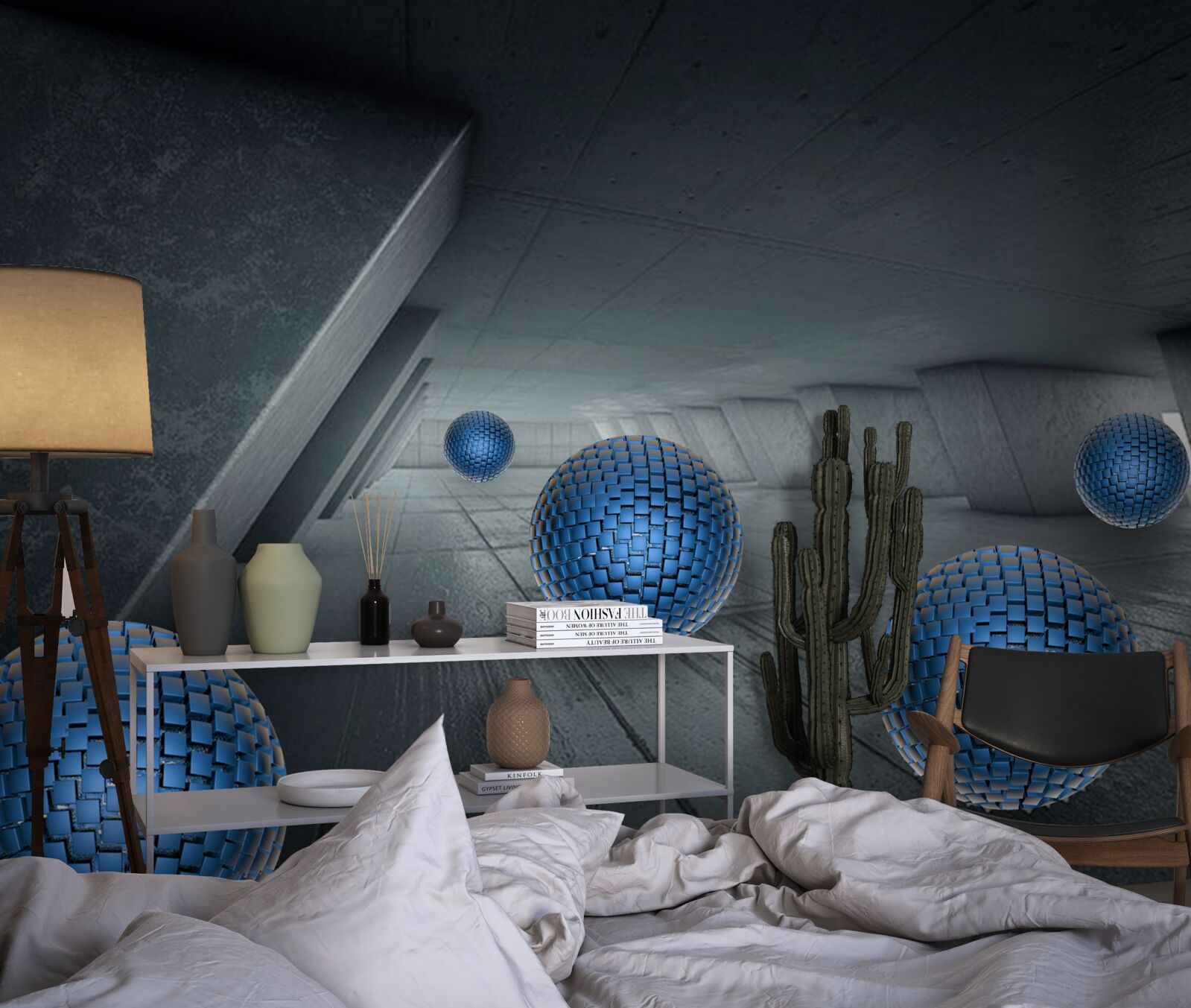 Fotobehang eindeloze grijze doorgang en blauwe ballen