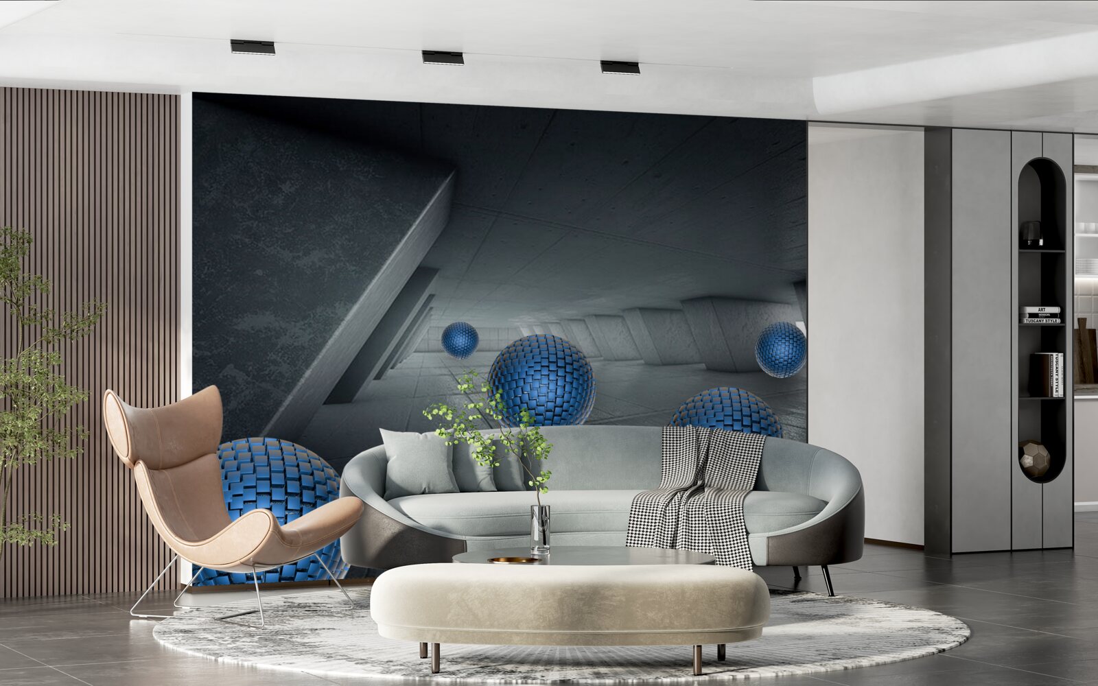 Fotobehang eindeloze grijze doorgang en blauwe ballen
