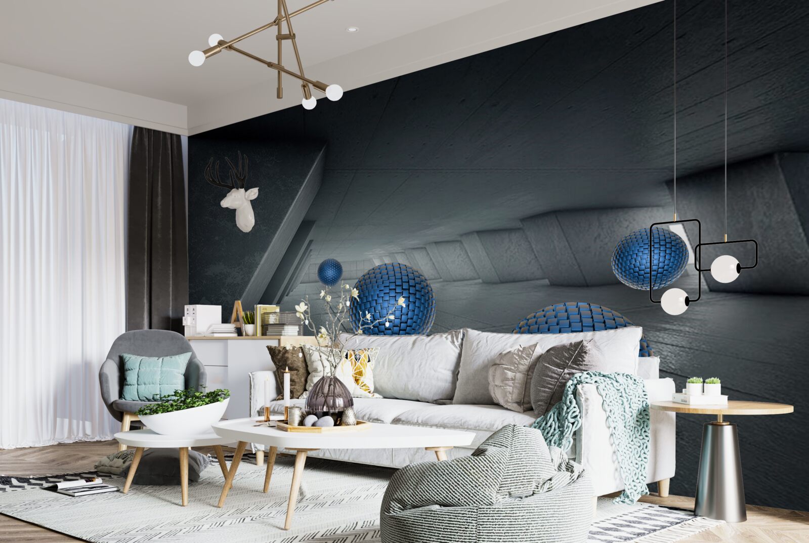 Fotobehang eindeloze grijze doorgang en blauwe ballen