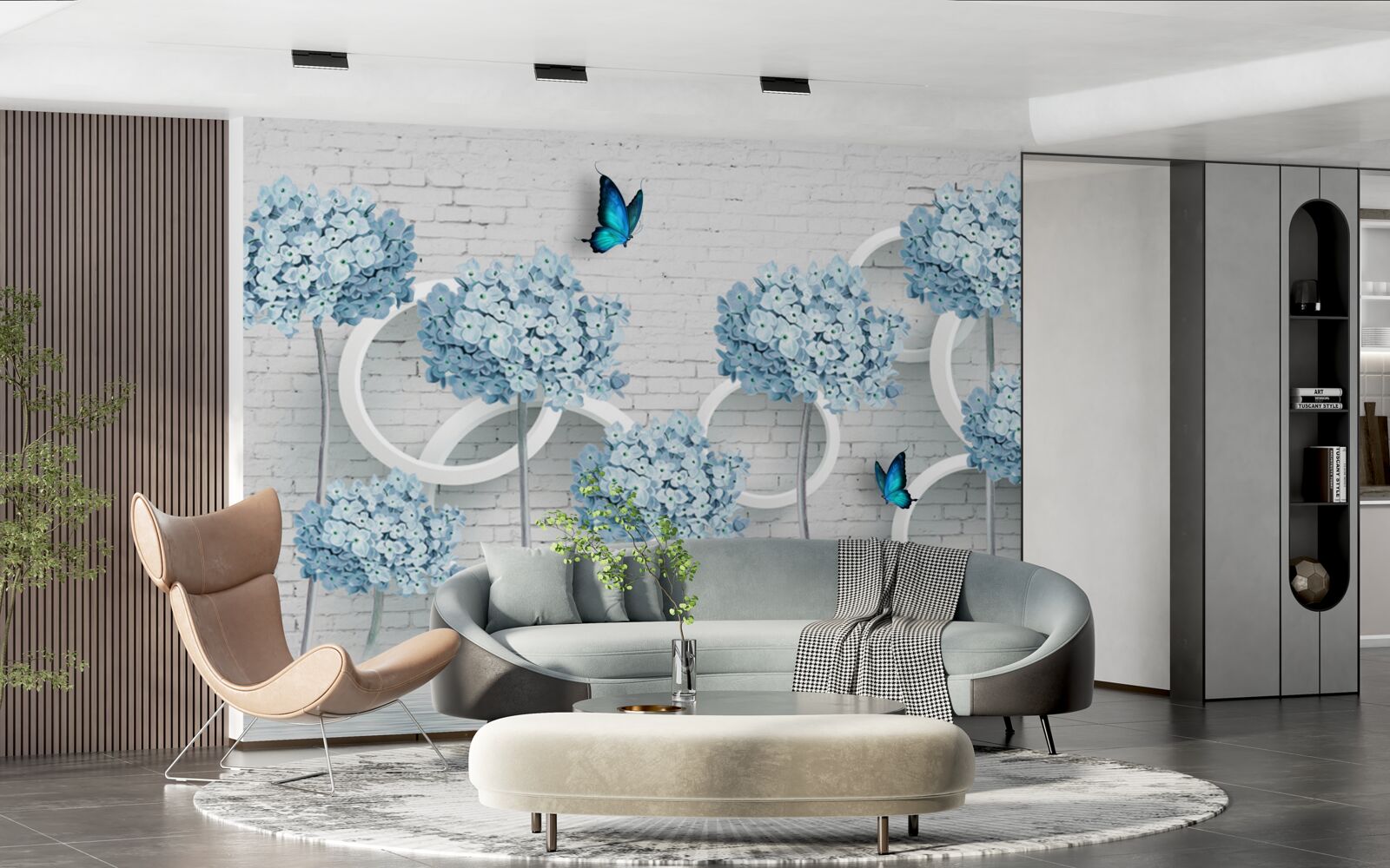 Fotobehang lila takken met blauwe bloemen op een dubbelzinnige achtergrond