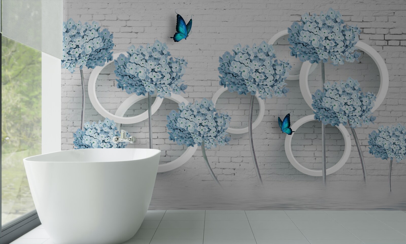 Fotobehang lila takken met blauwe bloemen op een dubbelzinnige achtergrond