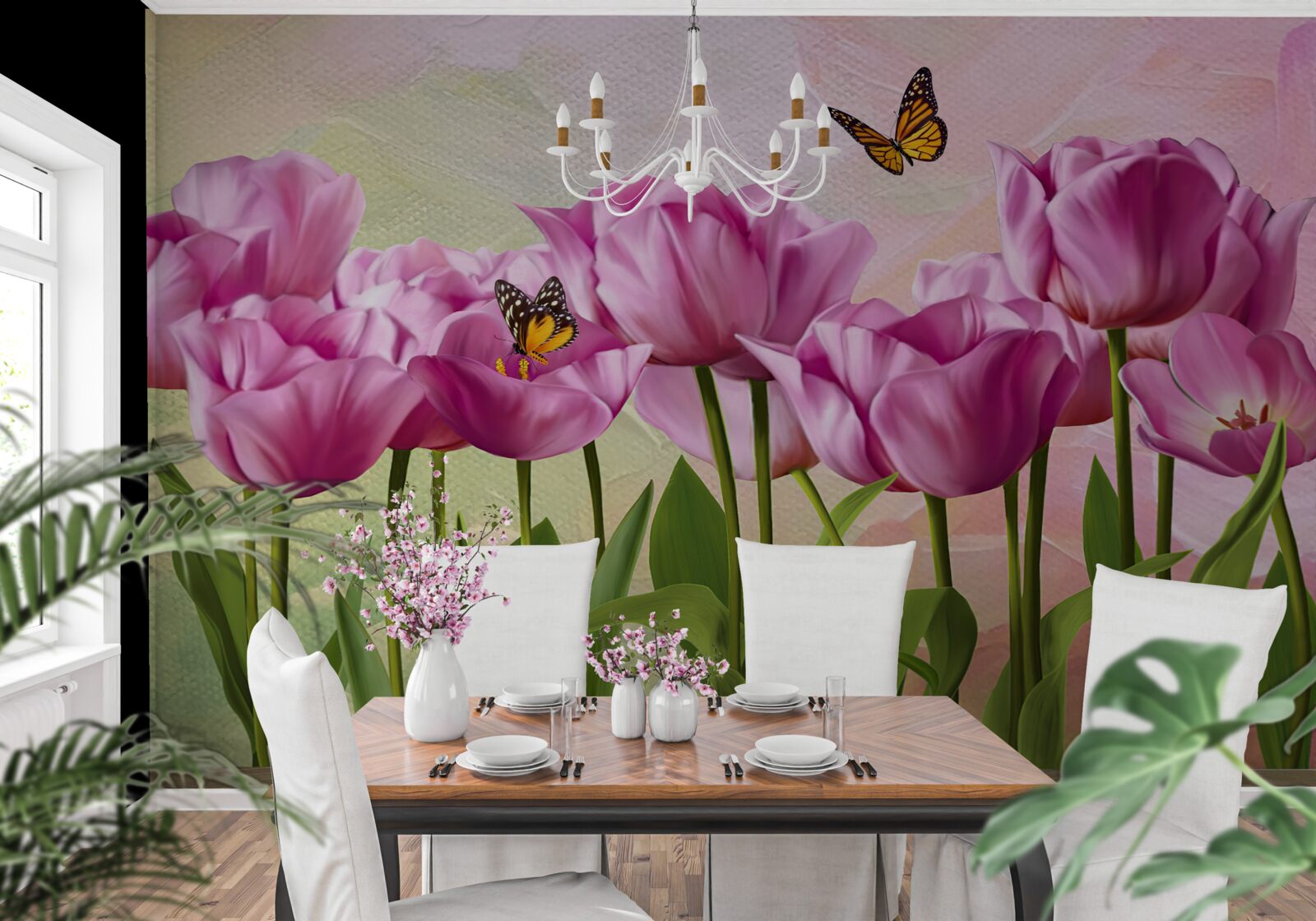 Fotobehang vlinders en paarse tulpen in het veld