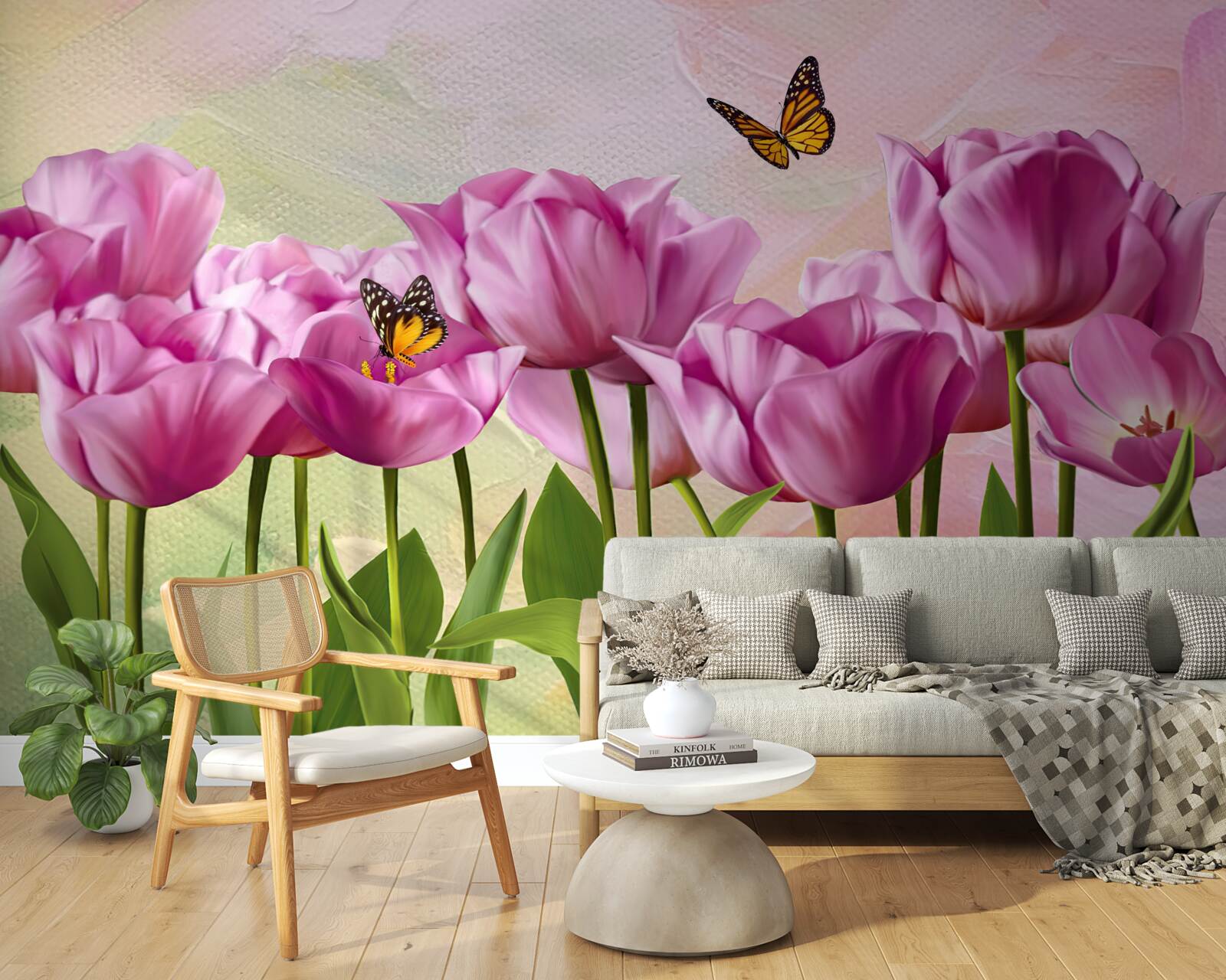 Fotobehang vlinders en paarse tulpen in het veld