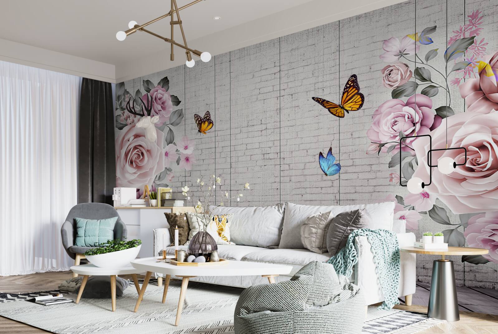 Fotobehang veelkleurige vlinders en delicaat bloeiende rozen