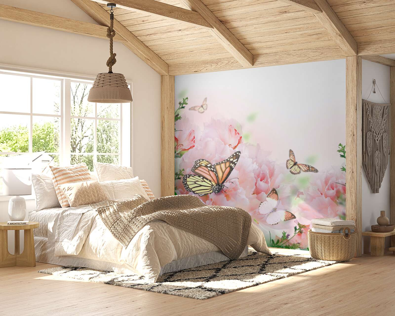 Fotobehang groep vlinders tegen een achtergrond van zomerbloemen