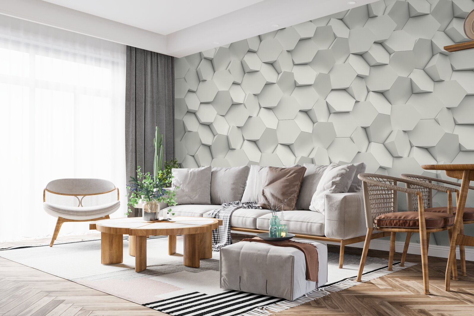 Fotobehang witte en grijze zeshoeken met volume