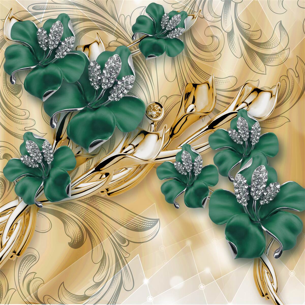 Fotobehang smaragd bloemen schitteren in een gouden setting